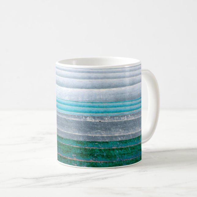 Grey and Teal Blue Striped Natural Wood Coffee Mug (Front Right)