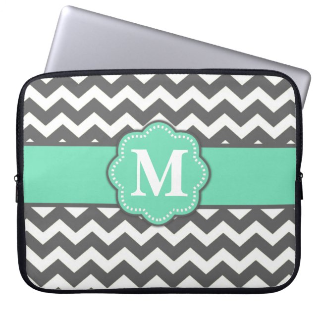 Grey and Teal Chevron Monogram Laptop Sleeve (Front)