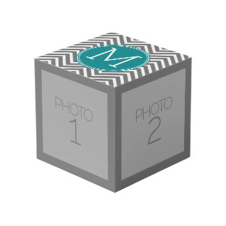 Grey and Teal Chevrons - Custom Monogram Cube