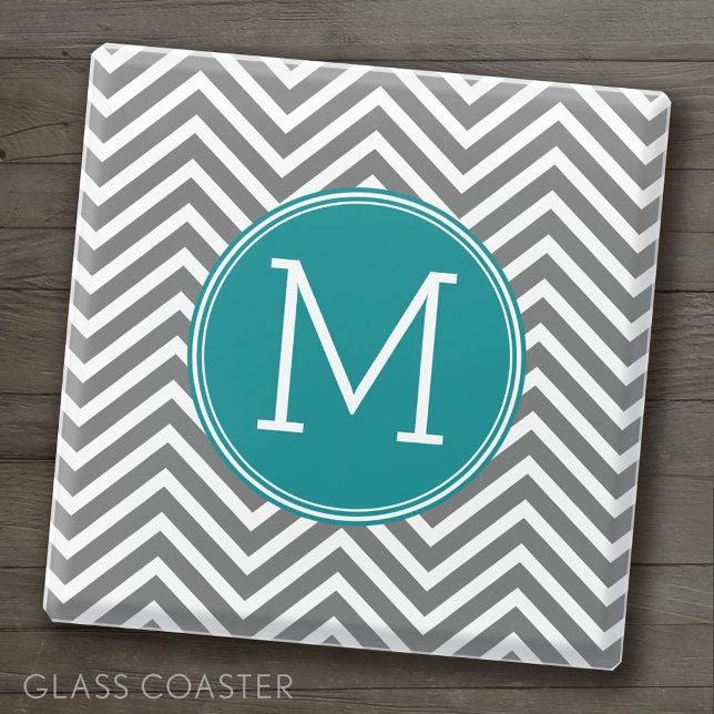 Grey and Teal Chevrons - Custom Monogram Glass Coaster (Custom Coaster)