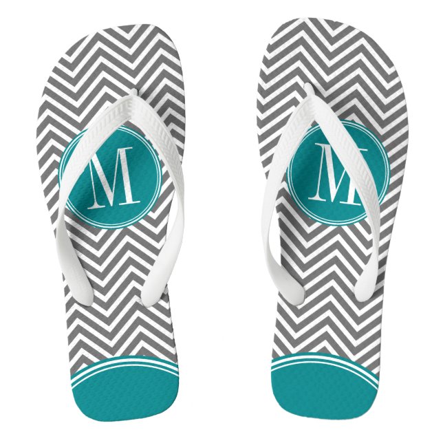 Grey and Teal Chevrons with Custom Monogram Thongs (Footbed)
