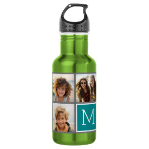 Grey and Teal Instagram Photo Collage Monogram 532 Ml Water Bottle