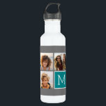 Grey and Teal Instagram Photo Collage Monogram 710 Ml Water Bottle<br><div class="desc">Use 3 square photos to create a unique and personal gift. Or you can keep the hipster puppy and make a trendy keepsake. If you need to adjust the pictures,  click on the customise tool to make changes.</div>