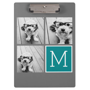 Grey and Teal Instagram Photo Collage Monogram Clipboard