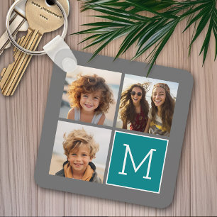 Grey and Teal Instagram Photo Collage Monogram Key Ring