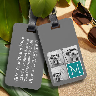 Grey and Teal Instagram Photo Collage Monogram Luggage Tag