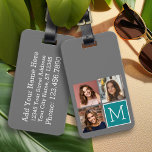 Grey and Teal Instagram Photo Collage Monogram Luggage Tag<br><div class="desc">Use 3 square photos to create a unique and personal gift. Or you can keep the hipster puppy and make a trendy keepsake. If you need to adjust the pictures,  click on the customise tool to make changes.</div>