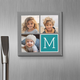 Grey and Teal Instagram Photo Collage Monogram Magnet