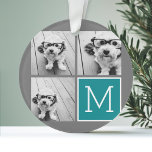 Grey and Teal Instagram Photo Collage Monogram Ornament<br><div class="desc">Use 3 square photos to create a unique and personal gift. Or you can keep the hipster puppy and make a trendy keepsake. If you need to adjust the pictures,  click on the customise tool to make changes.</div>