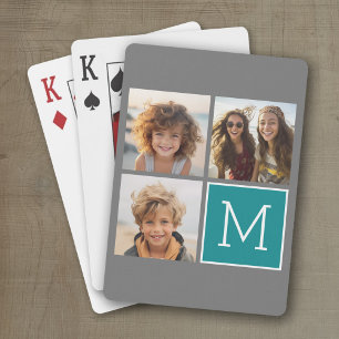 Grey and Teal Instagram Photo Collage Monogram Playing Cards