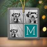 Grey and Teal Photo Collage Monogram Ceramic Ornament<br><div class="desc">Use 3 square photos to create a unique and personal gift.</div>