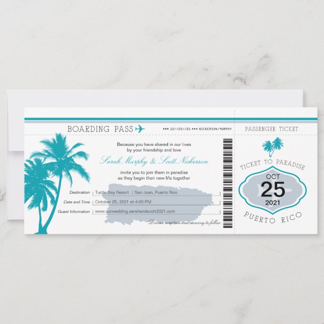 Grey and Teal Puerto Rico Boarding Pass Wedding Invitation (Front)