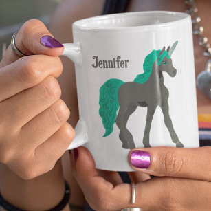 Grey and Teal Unicorn Personalised Coffee Mug