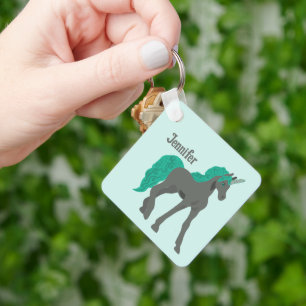 Grey and Teal Unicorn Personalised Key Ring