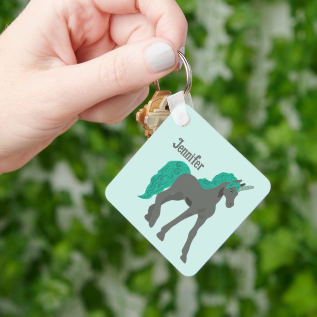 Grey and Teal Unicorn Personalised Key Ring (Hand)