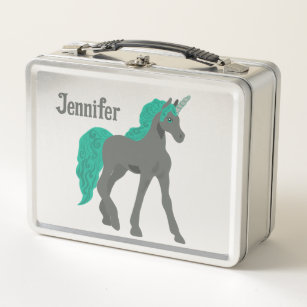Grey and Teal Unicorn Personalised Metal Lunch Box
