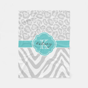 Grey and Turquoise Animal Print Custom Monogram Fleece Blanket