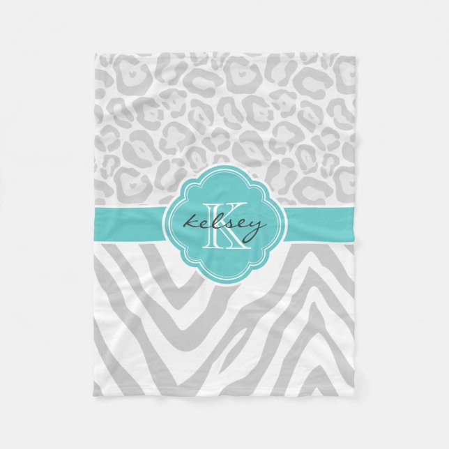 Grey and Turquoise Animal Print Custom Monogram Fleece Blanket (Front)