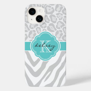 Grey and Turquoise Animal Print Monogram Case-Mate iPhone 14 Case