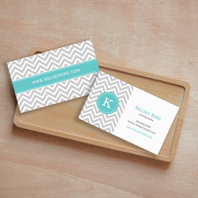 Grey and Turquoise Chevron Custom Monogram Business Card (Creator Uploaded)