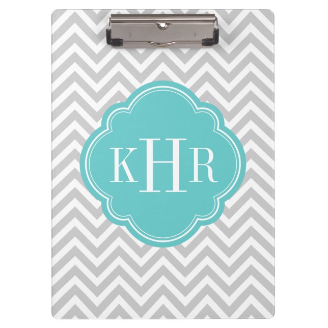 Grey and Turquoise Chevron Custom Monogram Clipboard (Front)