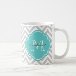 Grey and Turquoise Chevron Custom Monogram Coffee Mug
