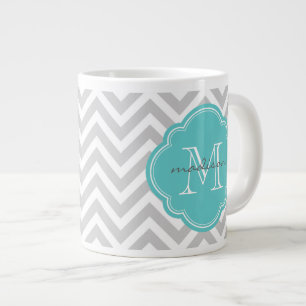 Grey and Turquoise Chevron Custom Monogram Large Coffee Mug