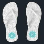 Grey and Turquoise Greek Key Monogram Thongs<br><div class="desc">Custom printed flip flop sandals with a stylish modern Greek key pattern and your custom monogram or other text in a circle frame. Click Customise It to change text fonts and colours or add your own images to create a unique one of a kind design!</div>