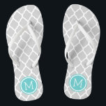 Grey and Turquoise Moroccan Quatrefoil Monogram Thongs<br><div class="desc">Custom printed flip flop sandals with a stylish Moroccan quatrefoil pattern and your custom monogram or other text in a circle frame. Click Customise It to change text fonts and colours or add your own images to create a unique one of a kind design!</div>