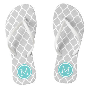 Grey and Turquoise Moroccan Quatrefoil Monogram Thongs