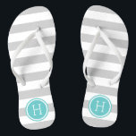 Grey and Turquoise Preppy Stripes Monogram Thongs<br><div class="desc">Custom printed flip flop sandals with a preppy nautical stripe pattern and your custom monogram or other text in a circle frame. Click Customise It to change text fonts and colours or add your own images to create a unique one of a kind design!</div>
