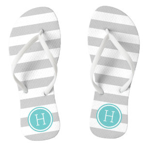 Grey and Turquoise Preppy Stripes Monogram Thongs