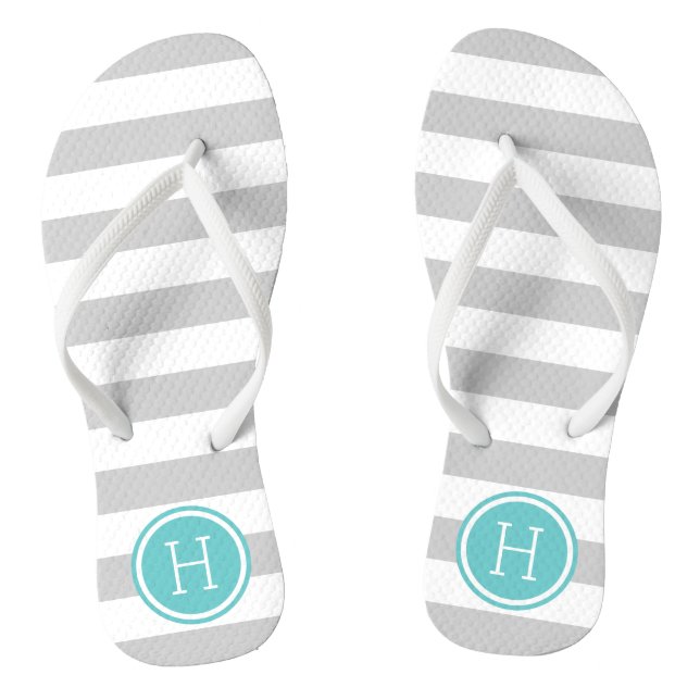 Grey and Turquoise Preppy Stripes Monogram Thongs (Footbed)