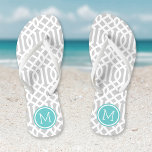 Grey and Turquoise Trellis Monogram Thongs<br><div class="desc">Custom printed flip flop sandals with a stylish modern trellis pattern and your custom monogram or other text in a circle frame. Click Customise It to change text fonts and colours or add your own images to create a unique one of a kind design!</div>