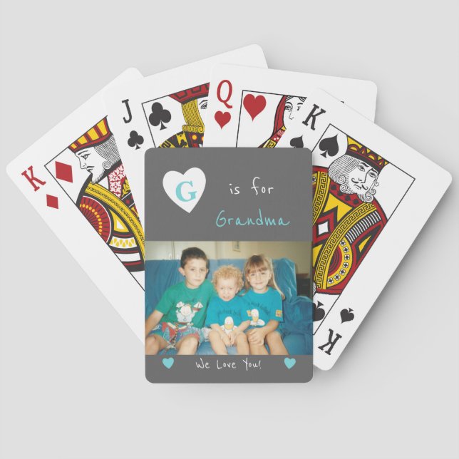 Grey and turquoise with name and photo playing cards (Back)