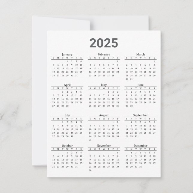 Grey and White 2025 Year At A Glance Calendar Flat Card (Front)
