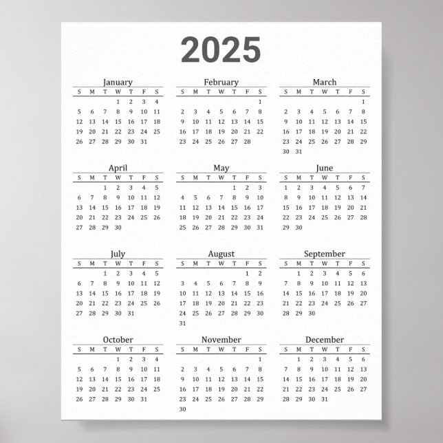 Grey and White 2025 Year At A Glance Calendar Poster (Front)