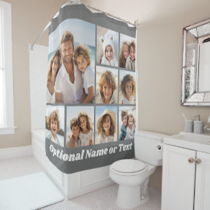 Grey and White 9 Photo Collage with Monogram Shower Curtain