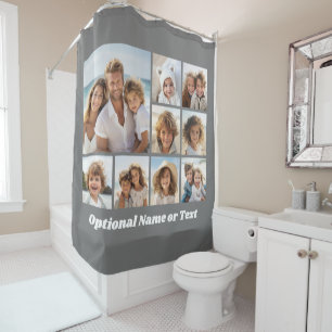 Grey and White 9 Photo Collage with Monogram Shower Curtain