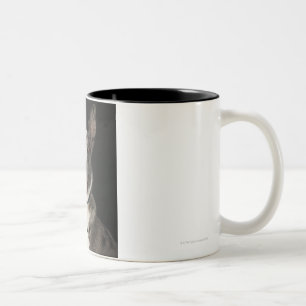 Grey and white Australian Shepherd with harness Two-Tone Coffee Mug