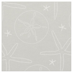 Grey and White Beach Shells Starfish, Sand Dollar  Fabric