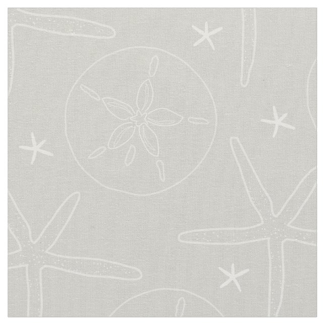 Grey and White Beach Shells Starfish, Sand Dollar  Fabric (Close Up)