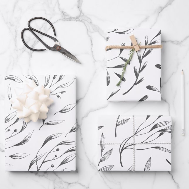 Grey and White Botanical Wrapping Paper Set (Front)