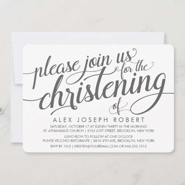 Grey and White Calligraphy Christening Invitation (Front)