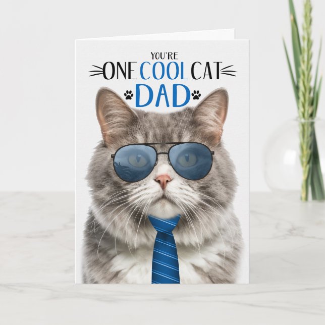 Grey and White Cat Father's Day One Cool Cat Holiday Card (Front)