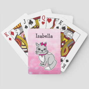 Grey and White Cat Personalised Girl's Pink Playing Cards