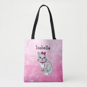 Grey and White Cat Personalised Girl's Pink Tote Bag