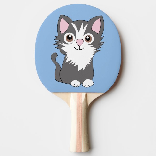 Grey and white cat ping pong paddle (Front)