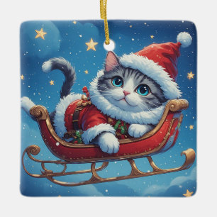 Grey And White Cat Relaxing In Christmas Sleigh Ceramic Ornament