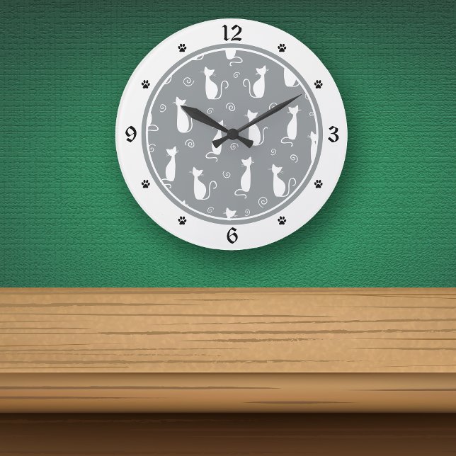 Grey and White Cats Pattern Large Clock (Creator Uploaded)